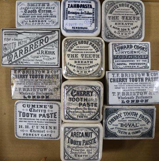 Eleven Victorian square or rectangular toothpaste pot lids,